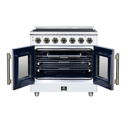 Massimo 36 Inch French Door Electric range, 5 radiant burners, 5.36 cf. True Convection oven, Air fryer kit, White FORNO