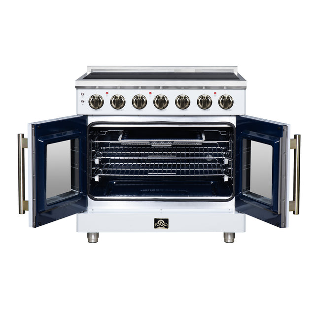 Massimo 36 Inch French Door Electric range, 5 radiant burners, 5.36 cf. True Convection oven, Air fryer kit, White FORNO