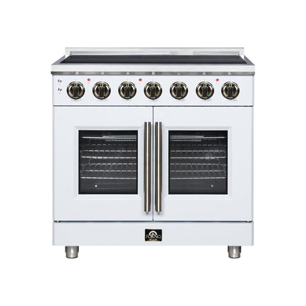 Massimo 36 Inch French Door Electric range, 5 radiant burners, 5.36 cf. True Convection oven, Air fryer kit, White FORNO