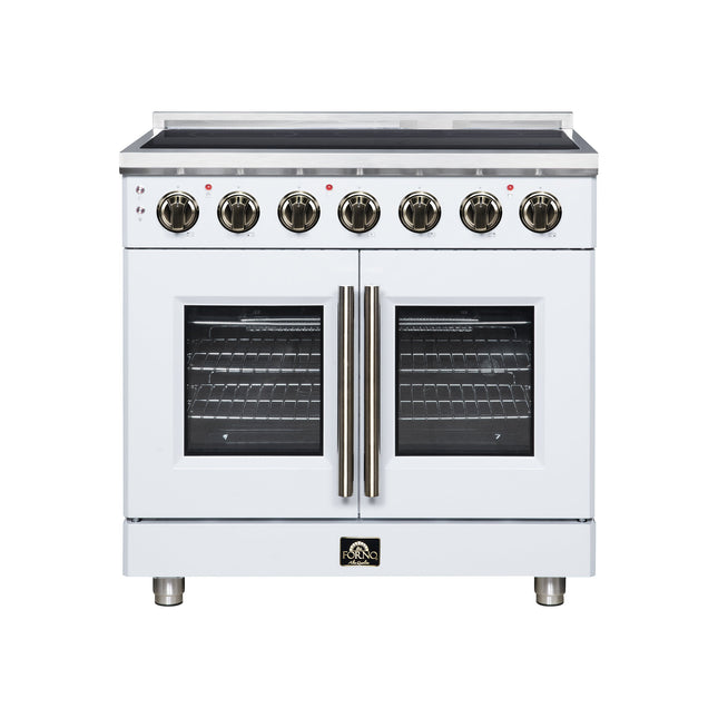 Massimo 36 Inch French Door Electric range, 5 radiant burners, 5.36 cf. True Convection oven, Air fryer kit, White FORNO
