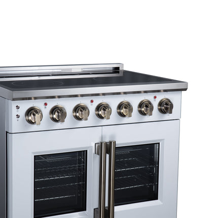 Massimo 36 Inch French Door Electric range, 5 radiant burners, 5.36 cf. True Convection oven, Air fryer kit, White FORNO