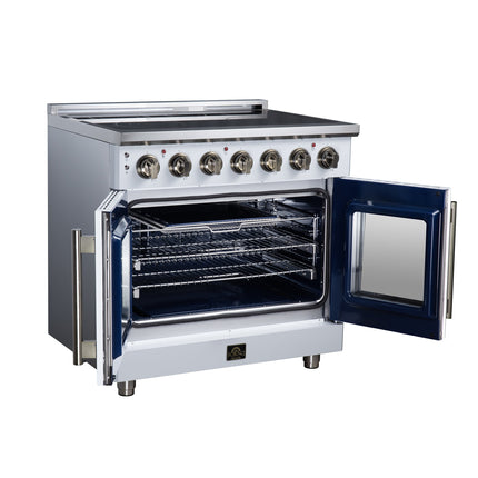 Massimo 36 Inch French Door Electric range, 5 radiant burners, 5.36 cf. True Convection oven, Air fryer kit, White FORNO