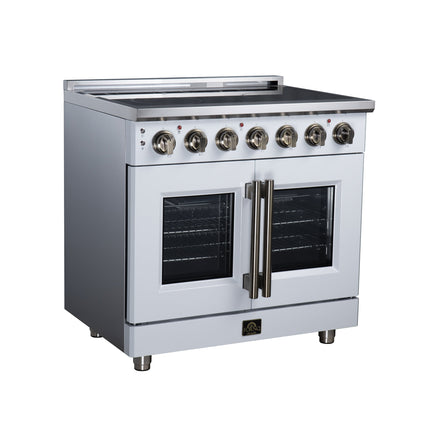 Massimo 36 Inch French Door Electric range, 5 radiant burners, 5.36 cf. True Convection oven, Air fryer kit, White FORNO