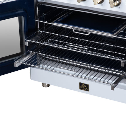 Massimo 36 Inch French Door Electric range, 5 radiant burners, 5.36 cf. True Convection oven, Air fryer kit, White FORNO