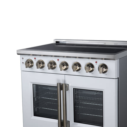 Massimo 36 Inch French Door Electric range, 5 radiant burners, 5.36 cf. True Convection oven, Air fryer kit, White FORNO