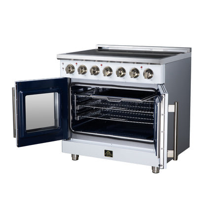 Massimo 36 Inch French Door Electric range, 5 radiant burners, 5.36 cf. True Convection oven, Air fryer kit, White FORNO