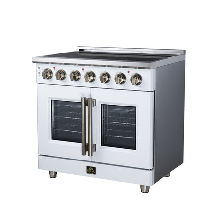 Massimo 36 Inch French Door Electric range, 5 radiant burners, 5.36 cf. True Convection oven, Air fryer kit, White FORNO