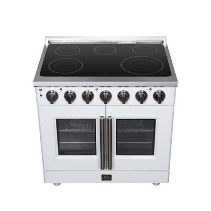 Massimo 36 Inch French Door Electric range, 5 radiant burners, 5.36 cf. True Convection oven, Air fryer kit, White FORNO