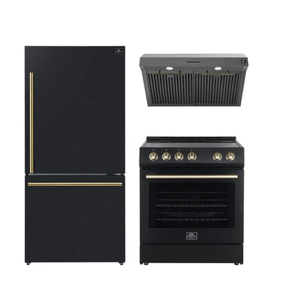 FORNO Premium 3-Piece Kitchen Bundle - Leonardo Espresso 30" Black Range, 30" Black Range Hood, 31" Black Bottom Freezer Refrigerator - FBDL-001-02US FORNO