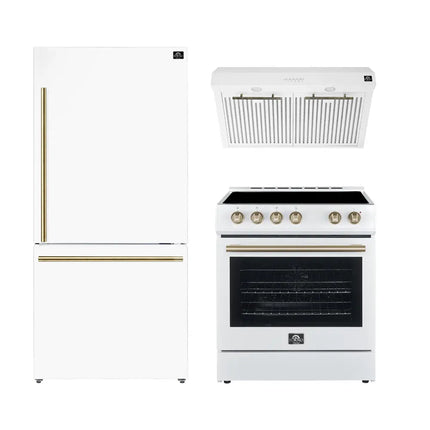 FORNO Premium 3-Piece Kitchen Bundle - Leonardo Espresso 30" White Range, 30" White Range Hood, 31" White Bottom Freezer Refrigerator - FBDL-001-03US FORNO