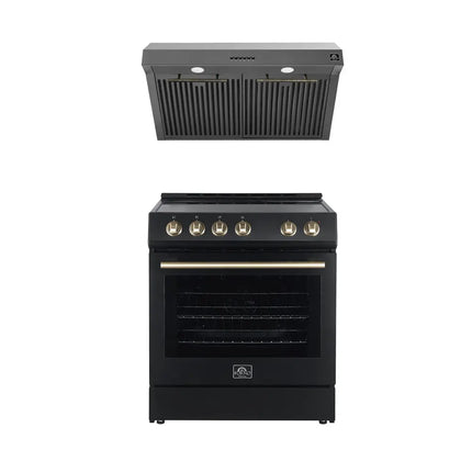 FORNO Premium 2-Piece Kitchen Bundle - Leonardo Espresso 30" Black Range, 30" Black Range Hood - FBDL-002-02US FORNO