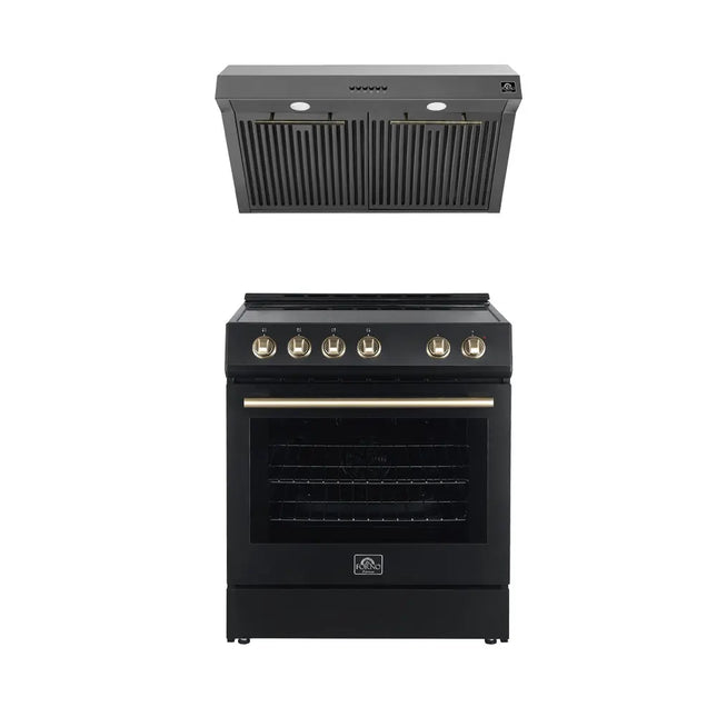 FORNO Premium 2-Piece Kitchen Bundle - Leonardo Espresso 30" Black Range, 30" Black Range Hood - FBDL-002-02US FORNO