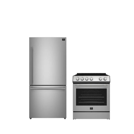 FORNO Premium 2-Piece Kitchen Bundle - Leonardo Espresso 30" Stainless Steel Range, 31" Stainless Steel Bottom Freezer Refrigerator - FBDL-003-01US FORNO