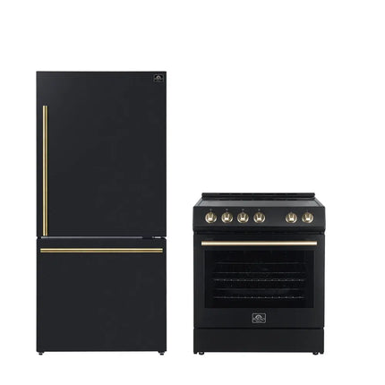 FORNO Premium 2-Piece Kitchen Bundle - Leonardo Espresso 30" Black Range, 31" Black Bottom Freezer Refrigerator - FBDL-003-02US FORNO