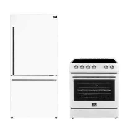 FORNO Premium 2-Piece Kitchen Bundle - Leonardo Espresso 30" White Range, 31" White Bottom Freezer Refrigerator - FBDL-003-03US FORNO