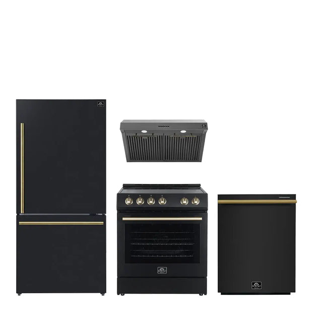 FORNO Premium 4-Piece Kitchen Bundle - Leonardo Espresso 30" Black Electric Range, 30" Black Range Hood, 31" Black Bottom Freezer Refrigerator, 24" Black Built-In Dishwasher - FBDL-006-02US FORNO