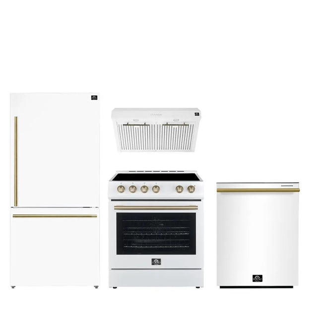 FORNO Premium 4-Piece Kitchen Bundle - Leonardo Espresso 30" White Range, 30" White Range Hood, 31" White Bottom Freezer Refrigerator, 24" White Built-In Dishwasher - FBDL-006-03US FORNO