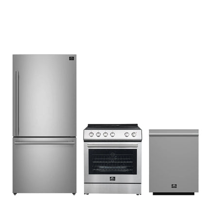 FORNO Premium 3-Piece Kitchen Bundle - Leonardo Espresso 30" Stainless Steel Range, 31" Stainless Steel Bottom Freezer Refrigerator, 24" Stainless Steel Dishwasher - FBDL-007-01US FORNO