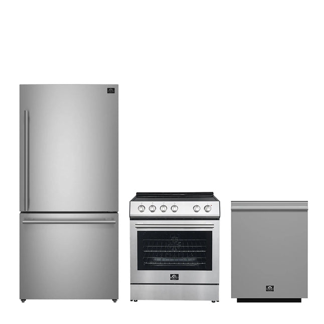 FORNO Premium 3-Piece Kitchen Bundle - Leonardo Espresso 30" Stainless Steel Range, 31" Stainless Steel Bottom Freezer Refrigerator, 24" Stainless Steel Dishwasher - FBDL-007-01US FORNO