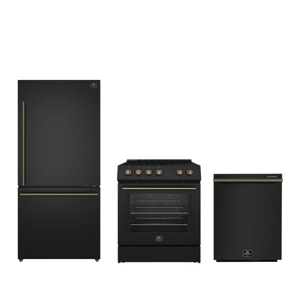 FORNO Premium 3-Piece Kitchen Bundle - Leonardo Espresso 30" Black Range, 31" Black Bottom Freezer Refrigerator, 24" Black Built-In Dishwasher - FBDL-007-02US Forno vendors US