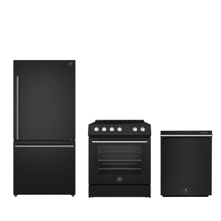 FORNO Premium 3-Piece Kitchen Bundle - Leonardo Espresso 30" Black Range, 31" Black Bottom Freezer Refrigerator, 24" Black Built-In Dishwasher - FBDL-007-02US Forno vendors US