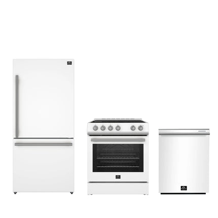 FORNO Premium 3-Piece Kitchen Bundle - Leonardo Espresso 30" White Range, 31" White Bottom Freezer Refrigerator, 24" White Built-In Dishwasher - FBDL-007-03US FORNO