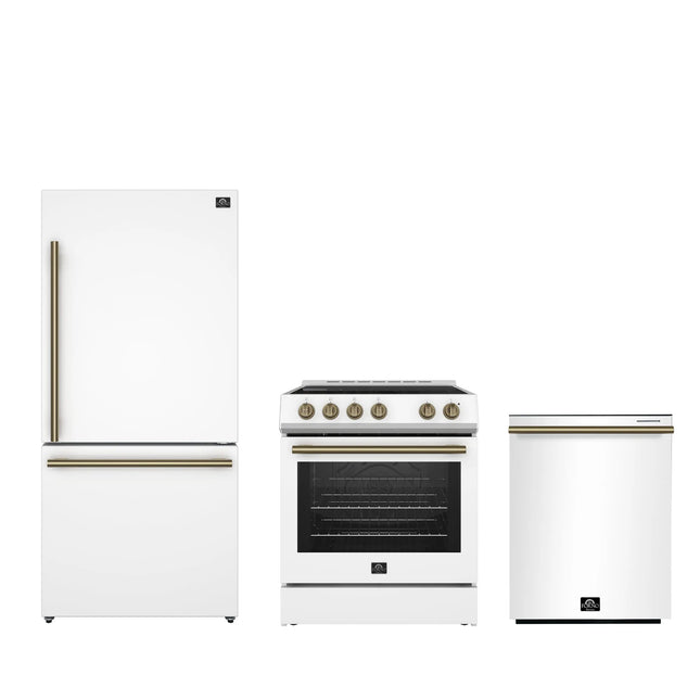 FORNO Premium 3-Piece Kitchen Bundle - Leonardo Espresso 30" White Range, 31" White Bottom Freezer Refrigerator, 24" White Built-In Dishwasher - FBDL-007-03US FORNO