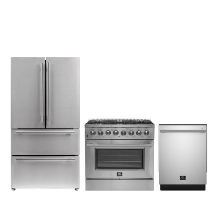 FORNO Premium 3-Piece Kitchen Bundle - 36" Gas Range, 36" French Door Refrigerator, 24" Built-In Dishwasher, Stainless Steel - FBDL-009-02CAUS FORNO