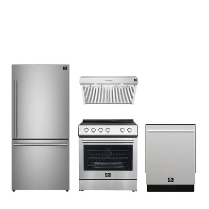 FORNO Premium 4-Piece Kitchen Bundle - 30" Electric Range, 30" Range Hood, 31" French Door Refrigerator, 24" Built-In Dishwasher, Stainless Steel - FBDL-010-01US FORNO
