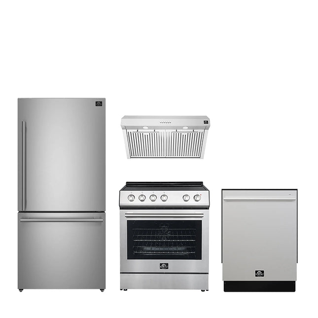 FORNO Premium 4-Piece Kitchen Bundle - 30" Electric Range, 30" Range Hood, 31" French Door Refrigerator, 24" Built-In Dishwasher, Stainless Steel - FBDL-010-01US FORNO