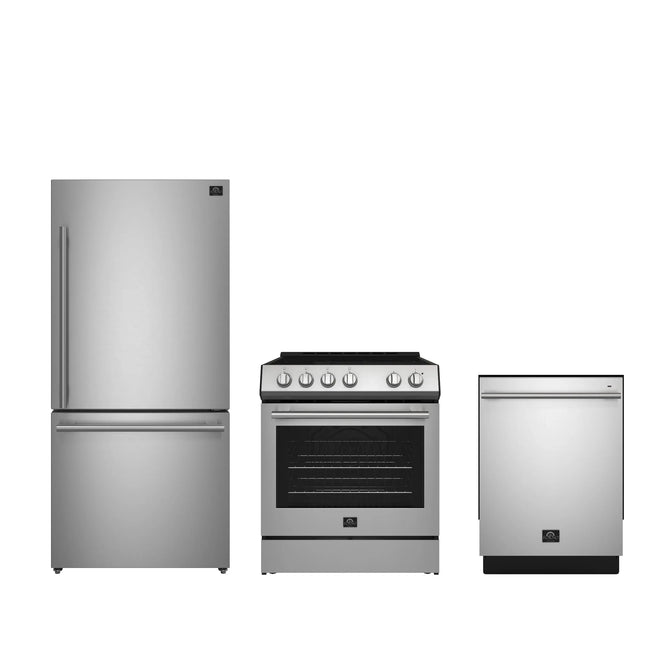 FORNO Premium 3-Piece Kitchen Bundle - 30" Electric Range, French Door Refrigerator, Built-In Dishwasher, Stainless Steel - FBDL-011-01US FORNO