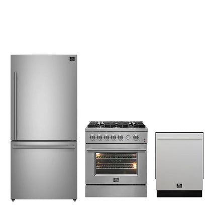 FORNO Premium 3-Piece Kitchen Bundle - 30" Gas Range, Bottom Freezer Refrigerator, Built-In Dishwasher, Stainless Steel - FBDL-012-01CAUS FORNO