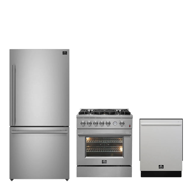 FORNO Premium 3-Piece Kitchen Bundle - 30" Gas Range, Bottom Freezer Refrigerator, Built-In Dishwasher, Stainless Steel - FBDL-012-01CAUS FORNO
