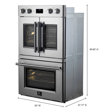 Forno Asti 30-Inch Double Electric Wall Oven with Upper French Doors in Stainless Steel, 7.36 cu. ft. Dual True Convection, 7,200W, Air Fry, Sous Vide, Self-Clean FORNO