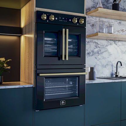 Forno Asti 30-Inch Double Electric Wall Oven with Upper French Doors in Black & Antique Brass, 7.36 cu. ft. Dual True Convection, 7,200W, Air Fry, Sous Vide, Self-Clean FORNO