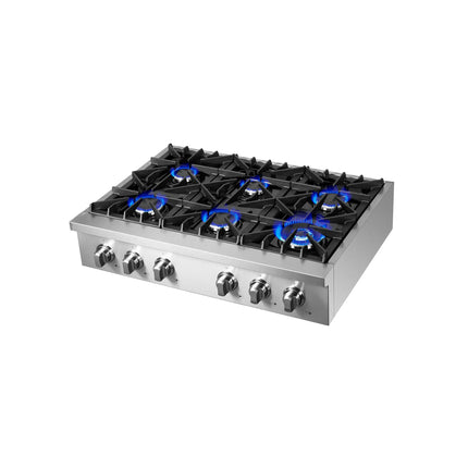 Forno Cossato Alta Qualita 36-Inch Pro-Style Gas Rangetop, Stainless Steel, 6 Sealed Burners, 83,000 BTU Total Output, Continuous Cast Iron Grates FORNO