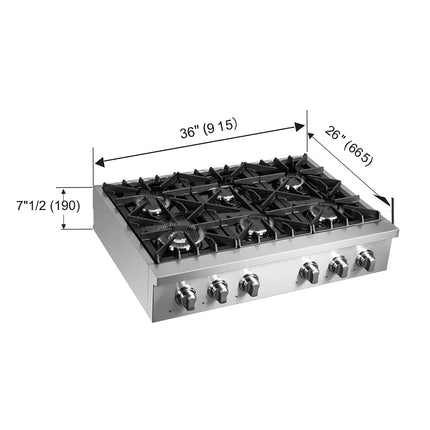 Forno Cossato Alta Qualita 36-Inch Pro-Style Gas Rangetop, Stainless Steel, 6 Sealed Burners, 83,000 BTU Total Output, Continuous Cast Iron Grates FORNO