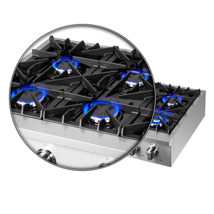 Forno Cossato Alta Qualita 36-Inch Pro-Style Gas Rangetop, Stainless Steel, 6 Sealed Burners, 83,000 BTU Total Output, Continuous Cast Iron Grates FORNO