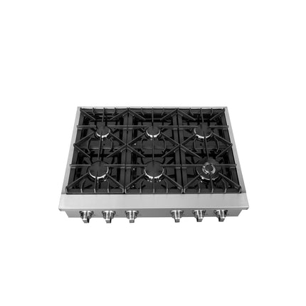 Forno Cossato Alta Qualita 36-Inch Pro-Style Gas Rangetop, Stainless Steel, 6 Sealed Burners, 83,000 BTU Total Output, Continuous Cast Iron Grates FORNO