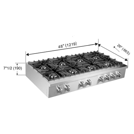 Forno Cossato Alta Qualita 48-Inch Pro-Style Gas Rangetop, Stainless Steel, 8 Sealed Burners, 107,000 BTU Total Output, Continuous Cast Iron Grates FORNO