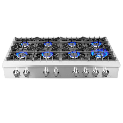 Forno Cossato Alta Qualita 48-Inch Pro-Style Gas Rangetop, Stainless Steel, 8 Sealed Burners, 107,000 BTU Total Output, Continuous Cast Iron Grates FORNO