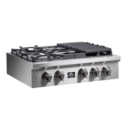 Forno Spezia Alta Qualita 30-Inch Pro-Style Gas Rangetop, Stainless Steel, 5 Sealed Burners, Continuous Cast Iron Grates, High Heat Output FORNO