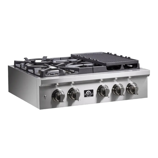 Forno Spezia Alta Qualita 30-Inch Pro-Style Gas Rangetop, Stainless Steel, 5 Sealed Burners, Continuous Cast Iron Grates, High Heat Output FORNO