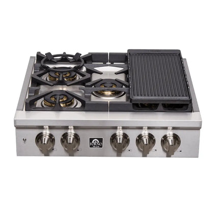 Forno Spezia Alta Qualita 30-Inch Pro-Style Gas Rangetop, Stainless Steel, 5 Sealed Burners, Continuous Cast Iron Grates, High Heat Output FORNO