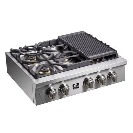 Forno Spezia Alta Qualita 30-Inch Pro-Style Gas Rangetop, Stainless Steel, 5 Sealed Burners, Continuous Cast Iron Grates, High Heat Output FORNO