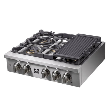 Forno Spezia Alta Qualita 30-Inch Pro-Style Gas Rangetop, Stainless Steel, 5 Sealed Burners, Continuous Cast Iron Grates, High Heat Output FORNO