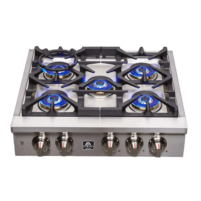 Forno Spezia Alta Qualita 30-Inch Pro-Style Gas Rangetop, Stainless Steel, 5 Sealed Burners, Continuous Cast Iron Grates, High Heat Output FORNO