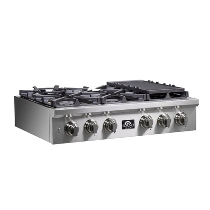 Forno Spezia Alta Qualita 36-Inch Pro-Style Gas Rangetop, Stainless Steel, 6 Sealed Burners, Continuous Cast Iron Grates, High Heat Output FORNO