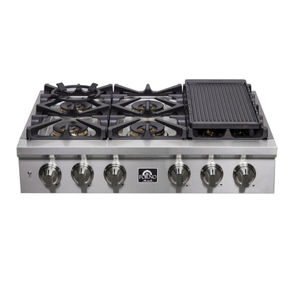 Forno Spezia Alta Qualita 36-Inch Pro-Style Gas Rangetop, Stainless Steel, 6 Sealed Burners, Continuous Cast Iron Grates, High Heat Output FORNO