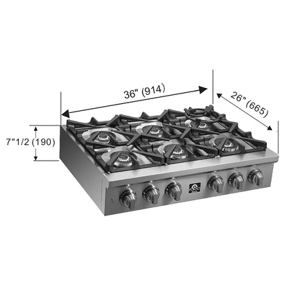 Forno Spezia Alta Qualita 36-Inch Pro-Style Gas Rangetop, Stainless Steel, 6 Sealed Burners, Continuous Cast Iron Grates, High Heat Output FORNO